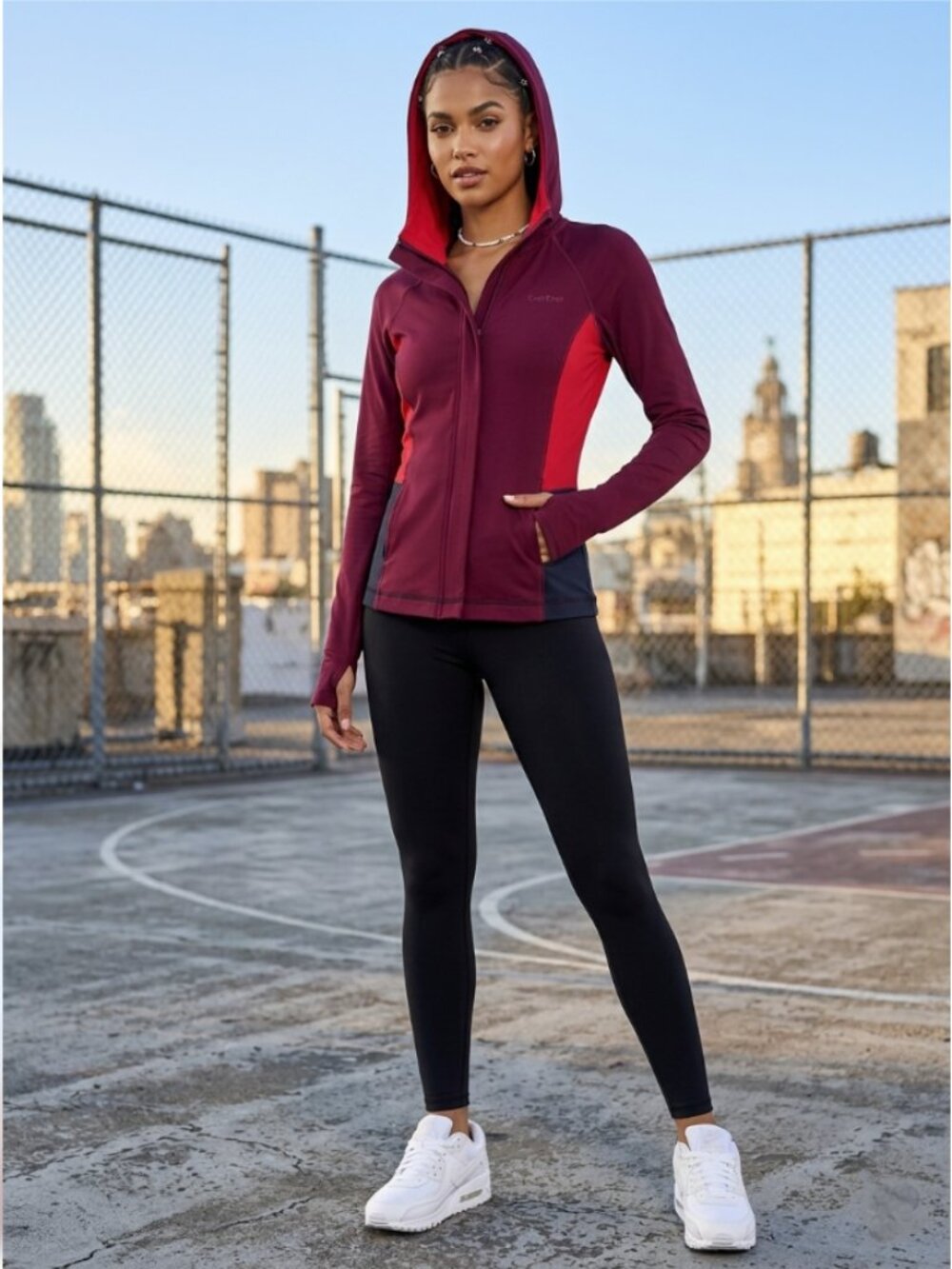 BEBE SPORT Full Zip Hoodie Sweatshirt Womens S Maroon Red Colorblock USA Y2K